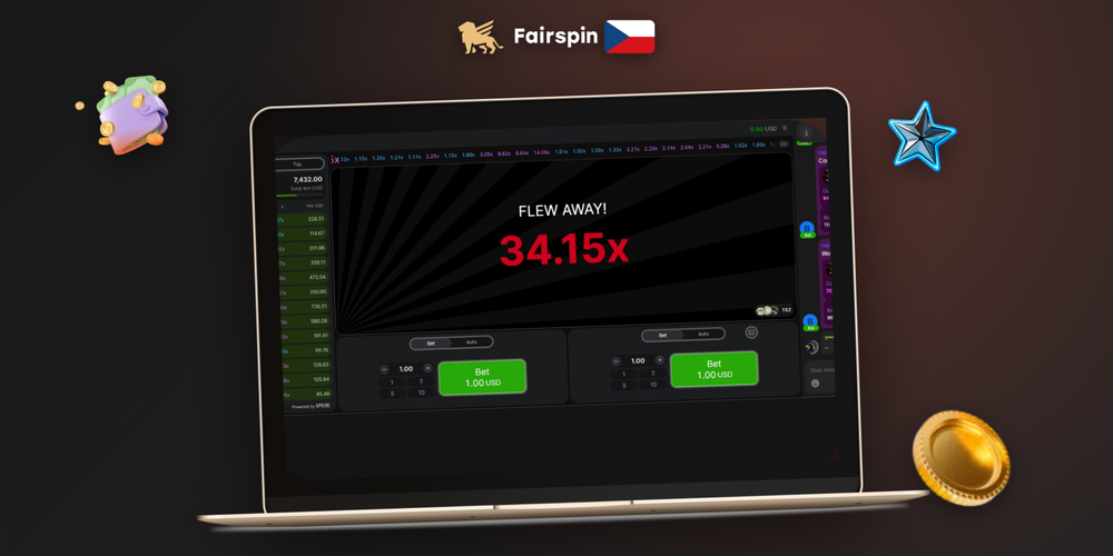 Desktopové rozhraní Aviator game ve Fairspin Casino se dvěma panely sázek