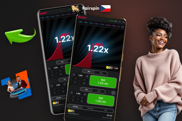 Aviator od Spribe ve Fairspin Casino na mobilním displeji s grafem multiplikátoru