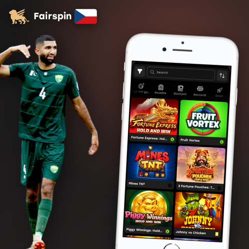 Fairspin Casino app na chytrém telefonu s lobby her a zlatými akcenty