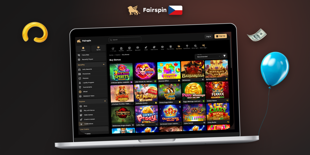 Fairspin online casino rozhraní na notebooku a mobilu se sloty a live kasinem